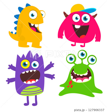 Funny cartoon monsters with different face expressions. Set of cartoon vector happy monsters characters. Halloween design for party decoration, package design Funny cartoon monsters with different face expressions. Set of cartoon vector happy monsters characters. Halloween design for party decoration, package design 127906337