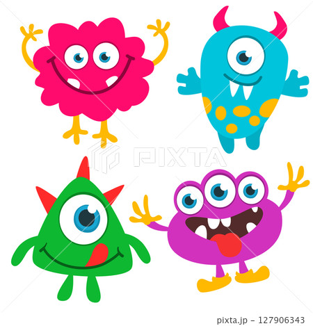 Cute cartoon Monsters. Set of cartoon monsters: goblin, ghost, troll, monster, yeti and alien . Halloween design. Vector illustration isolated 127906343