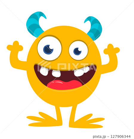 Cartoon cute monster with funny excited face expression waving hands . Vector illustration isolated on white. Halloween design 127906344