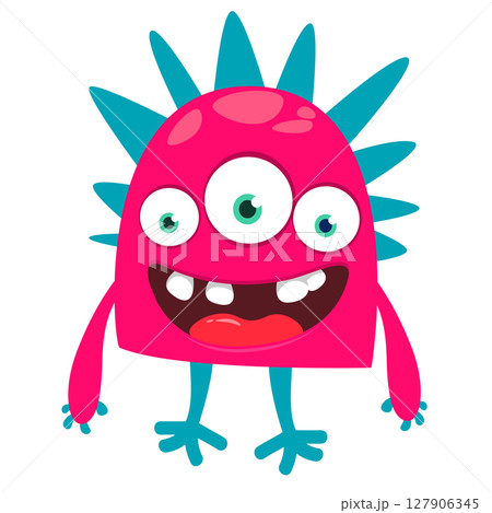 Cartoon cute monster with funny excited face expression waving hands . Vector illustration isolated on white. Halloween design Cartoon cute monster with funny excited face expression waving hands . Vector illustration isolated on white. Halloween design 127906345