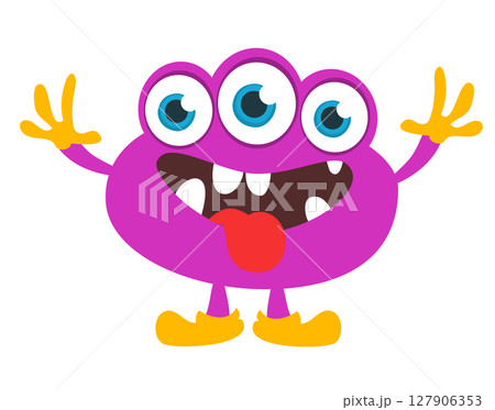 Cartoon cute monster with funny excited face expression waving hands . Vector illustration isolated on white. Halloween design Cartoon cute monster with funny excited face expression waving hands . Vector illustration isolated on white. Halloween design 127906353