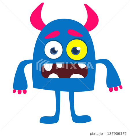 Cartoon cute monster with funny excited face expression waving hands . Vector illustration isolated on white. Halloween design Cartoon cute monster with funny excited face expression waving hands . Vector illustration isolated on white. Halloween design 127906375