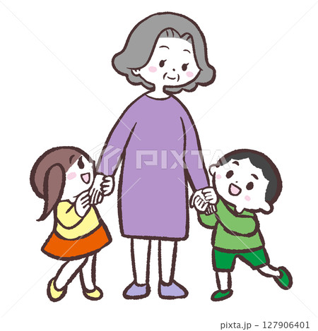 シニア女性を囲む子供のイラスト 127906401