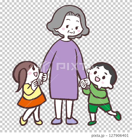 Illustration of children surrounding a senior woman 127906401