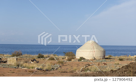 the yurt camp near Issyk kul lake in Kyrgyzstan, the nomadic style in Central Asia 127906492