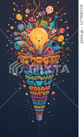 Bursts of Creative Ideas Exploding From a Light Bulb with Words Bursts of Creative Ideas Exploding From a Light Bulb with Words 127906559