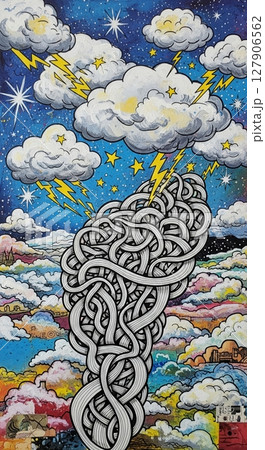 Overthinking Mind Storm Abstract Knots and Chaotic Clouds Illustration 127906562