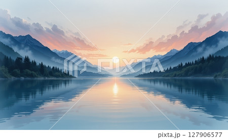 Calm Lake and Misty Mountains at Sunset with Warm Reflections 127906577
