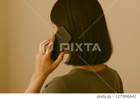スマートフォンで通話中の女性の後ろ姿 スマートフォンで通話中の女性の後ろ姿 127906642