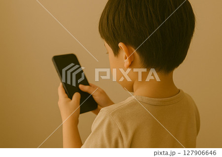 スマートフォンで通話中の子供の後ろ姿 127906646