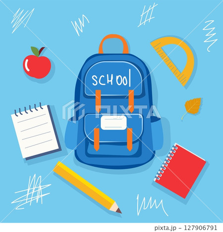 A vibrant blue backpack with the word school is surrounded by essential stationery items including an apple, notebooks, a pencil, and a protractor. This depiction emphasizes school readiness A vibrant blue backpack with the word school is surrounded by essential stationery items including an apple, notebooks, a pencil, and a protractor. This depiction emphasizes school readiness 127906791