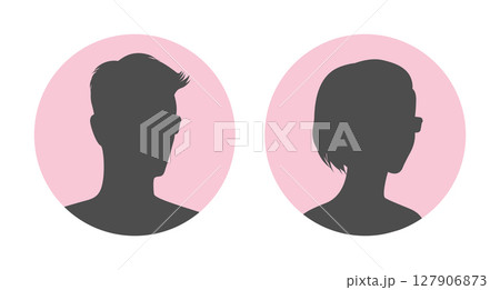 Round emblems with silhouette of a half turned man and woman in eyeglasses. Vector illustration 127906873