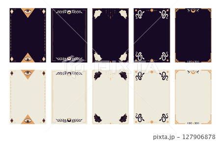 Black and white border frame templates for Tarot cards. Empty frames with space celestial elements and decorations. Vector illustration Black and white border frame templates for Tarot cards. Empty frames with space celestial elements and decorations. Vector illustration 127906878