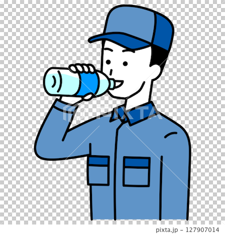 水分補給をするつなぎ作業服の男性 水分補給をするつなぎ作業服の男性 127907014