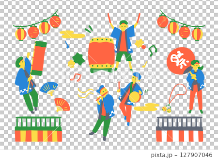 Illustration of festival performance | Children in happi coats playing drums and flutes 127907046