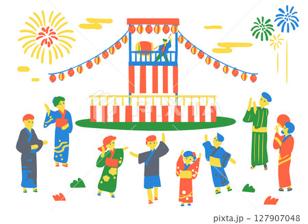 夏の祭り風景｜盆踊り・浴衣姿の人々・やぐらと打ち上げ花火のイラスト 127907048