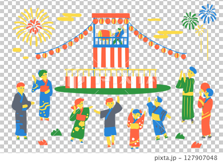 夏の祭り風景｜盆踊り・浴衣姿の人々・やぐらと打ち上げ花火のイラスト 127907048
