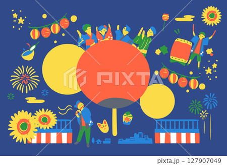 夏祭りの夜の情景イラスト｜浴衣家族・太鼓・花火 127907049