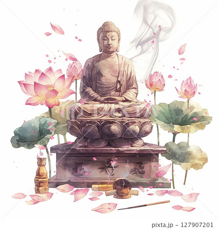 Buddha statue surrounded by lotus flowers and incense in a serene meditation setting 127907201
