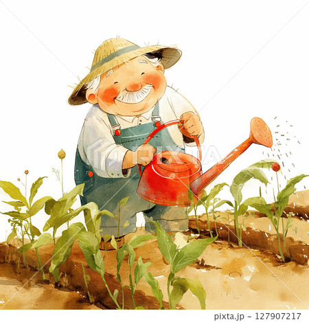 Elderly gardener waters plants in bright garden under clear sky during sunny day 127907217