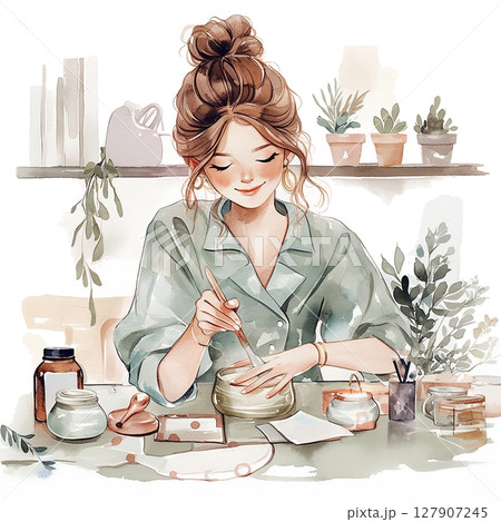 Woman creating handmade cosmetics in a cozy workspace with plants during the daytime 127907245