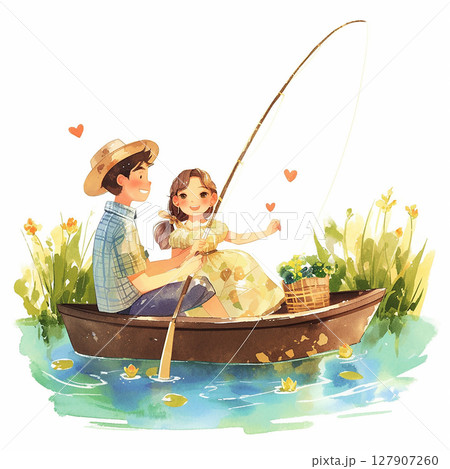 Young couple enjoys a peaceful fishing adventure in a serene lake surrounded by flowers 127907260