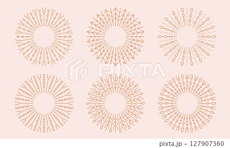 Round floral bohemian sun light, dandelion shapes. Vintage line sunburst, cute boho embroidery, firework vector illustrations. 127907360