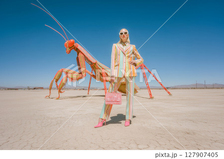 A woman stands in front of a large, colorful insect sculpture 127907405
