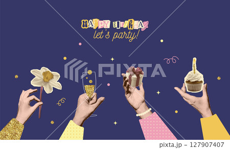 Vintage elegant halftone Collage with female hands holding gift box with bow, cupcake with candle, champagne glass and daffodil flower. Dotted vector mixed media design with golden glitter parts. 127907407
