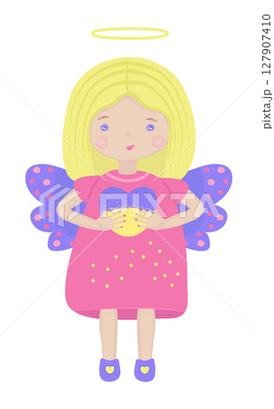 Cute angel with heart in colors of Ukrainian flag 127907410