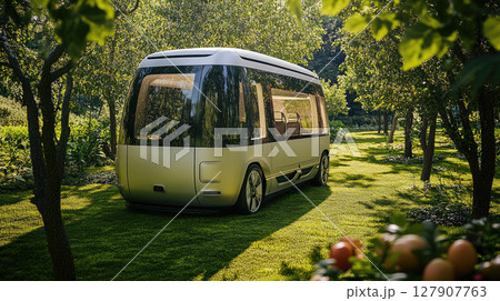 A sleek, modern electric bus parked in a city park, offering a glimpse of sustainable future transportation in harmony with nature. 127907763