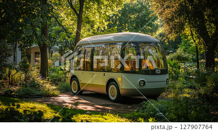A sleek, modern electric bus, offering a glimpse of sustainable future transportation in harmony with nature. 127907764
