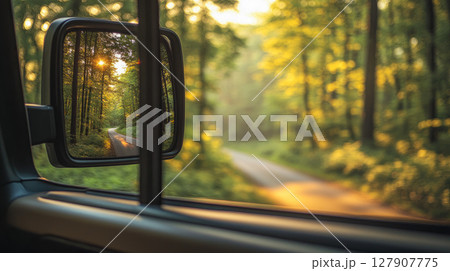 A close-up view of a car side mirror, reflecting a summer forest road. 127907775