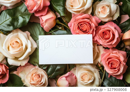 Paper card and bouquet of roses for Valentines or mother, woman day. Top view. 127908008