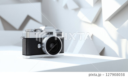 Retro film photo camera on white abstract background with geometric details. Retro film photo camera on white abstract background with geometric details. 127908038