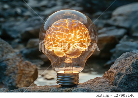 Human brain glowing inside of light bulb on rocky background. Thinking concept and brainstorm. 127908140