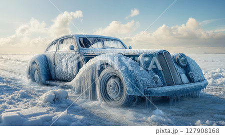 A vintage car frozen in ice in a snowy landscape. 127908168