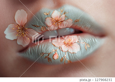 A woman lips are painted with a flower design. Close-up view. A woman lips are painted with a flower design. Close-up view. 127908231