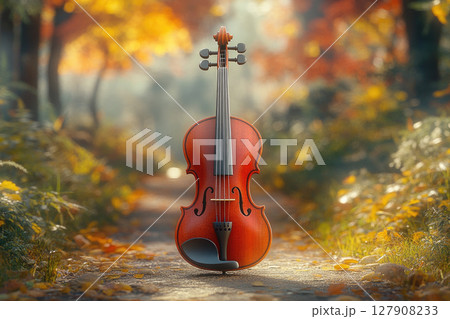 A wooden violin with  stands in autumn sunny park. 127908233