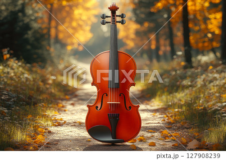 Violin musical instrument in autumn forest. 127908239