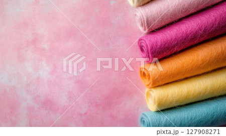 Background of many rolls of colored felt for handcraft. Copy space. 127908271