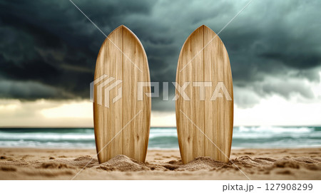 A beach scene with a two wooden surf boards standing up in the sand. A beach scene with a two wooden surf boards standing up in the sand. 127908299