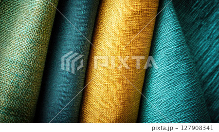 An arrangement of cotton fabrics in shades of green, yellow and blue, showcasing the texture and softness of each fabric. 127908341