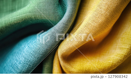 An arrangement of cotton fabrics in shades of green, yellow and blue, showcasing the texture and softness. 127908342