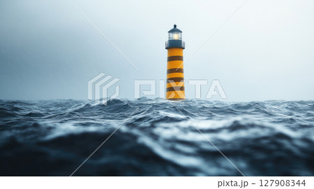 Orange lighthouse in the middle of the ocean, big waves around the lighthouse. 127908344