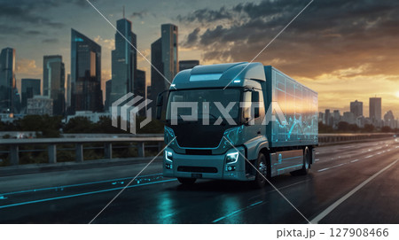 Futuristic smart truck driving on a highway at sunset 127908466