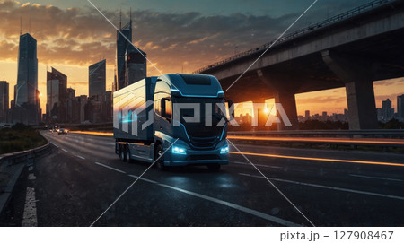 Futuristic smart truck driving on a highway at sunset 127908467