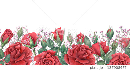 Seamless watercolor floral banner with red roses, pink gypsophila, and green leaves isolated background. Romantic pattern for wedding invitations, gift wrapping, textile prints, holiday design Seamless watercolor floral banner with red roses, pink gypsophila, and green leaves isolated background. Romantic pattern for wedding invitations, gift wrapping, textile prints, holiday design 127908475
