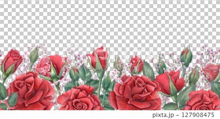 Seamless watercolor floral banner with red roses, pink gypsophila, and green leaves isolated background. Romantic pattern for wedding invitations, gift wrapping, textile prints, holiday design Seamless watercolor floral banner with red roses, pink gypsophila, and green leaves isolated background. Romantic pattern for wedding invitations, gift wrapping, textile prints, holiday design 127908475