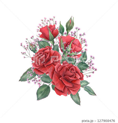 Watercolor illustration of bouquet with red roses and pink gypsophila isolated background. Hand painted realistic botanical roses illustration for wedding invitations, romantic gifts, home decor Watercolor illustration of bouquet with red roses and pink gypsophila isolated background. Hand painted realistic botanical roses illustration for wedding invitations, romantic gifts, home decor 127908476